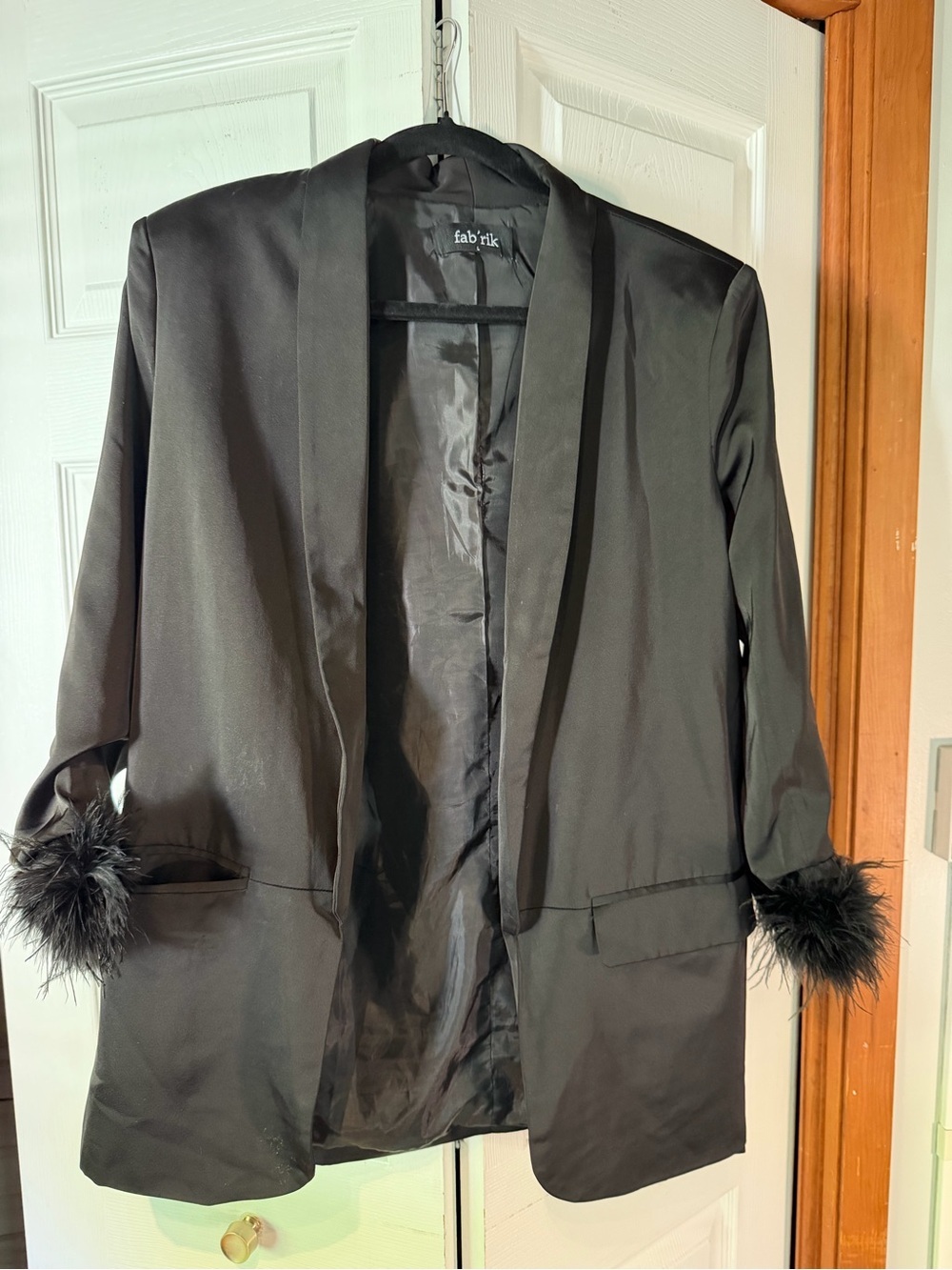 fab'rik Black Satin Blazer with Feather Cuffs